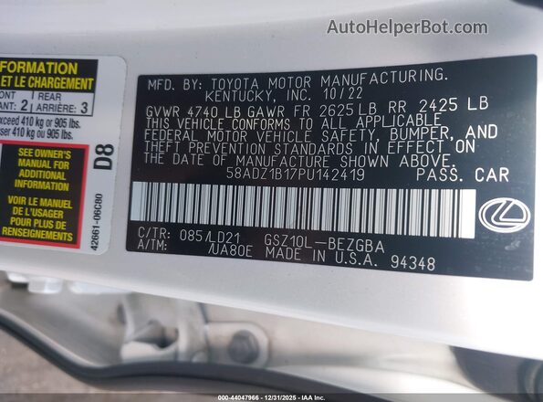 58ADZ1B17PU142419 2023 LEXUS ES 350 White Widok komory silnika
