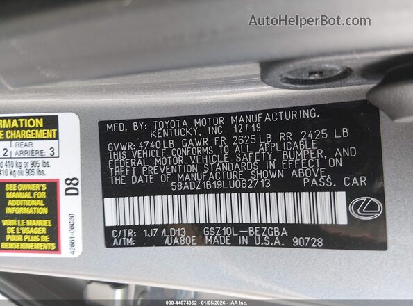 58ADZ1B19LU062713 2020 LEXUS ES 350 Silver Widok komory silnika