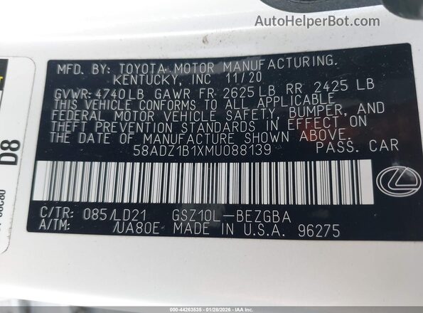 58ADZ1B1XMU088139 2021 LEXUS ES 350 White Engine compartment view