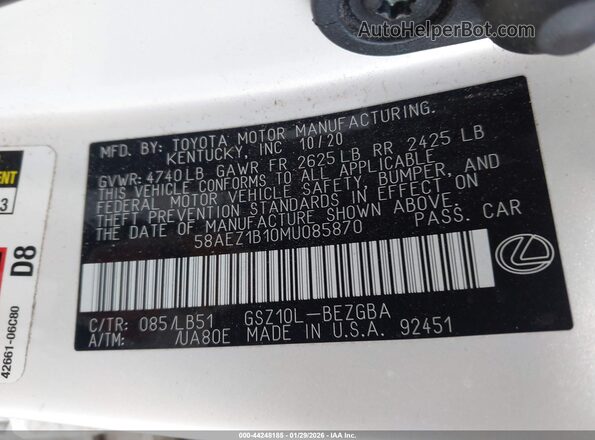 58AEZ1B10MU085870 2021 LEXUS ES 350 White Widok komory silnika