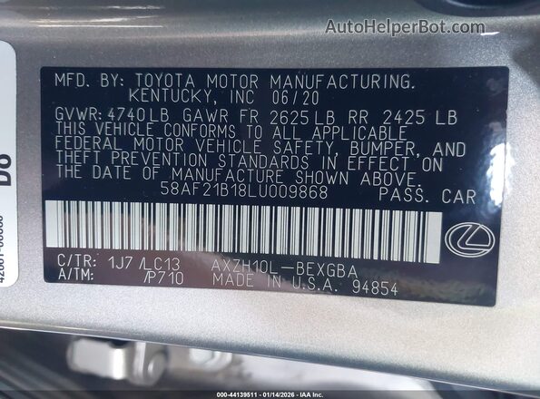 58AF21B18LU009868 2020 LEXUS ES 300H Silver Widok komory silnika