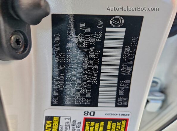 58AFA1C13MU007948 2021 LEXUS ES White Vista del compartimento del motor