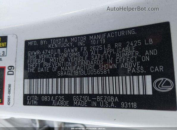 58AGZ1B13LU056581 2020 LEXUS ES 350 White Vista del compartimento del motor