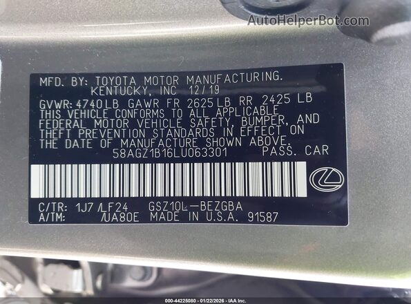 58AGZ1B16LU063301 2020 LEXUS ES 350 Silver ძრავის განყოფილების ხედი