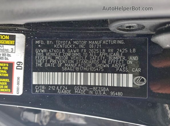 58AGZ1B17MU105475 2021 LEXUS ES Black 