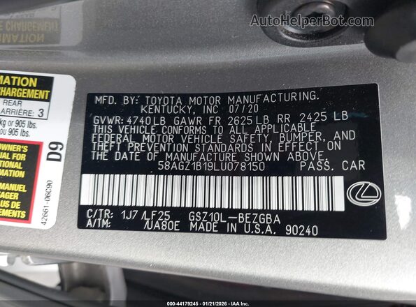 58AGZ1B19LU078150 2020 LEXUS ES 350 Silver Вид підкапотного простору