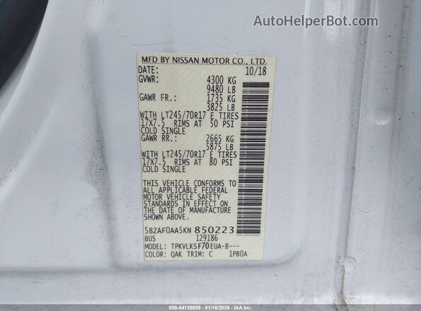 5BZAF0AA5KN850223 2019 NISSAN NV PASSENGER NV3500 HD Белый Вид подкапотного пространства