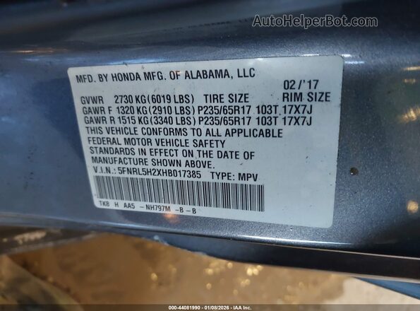 5FNRL5H2XHB017385 2017 HONDA ODYSSEY Gray 