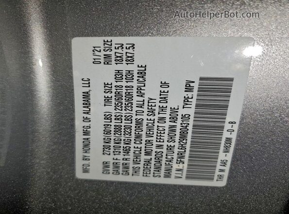 5FNRL6H29MB043105 2021 HONDA ODYSSEY Silver 
