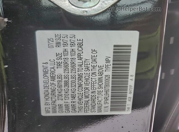 5FNRL6H60TB000628 2026 HONDA ODYSSEY Black Vista de la etiqueta del VIN