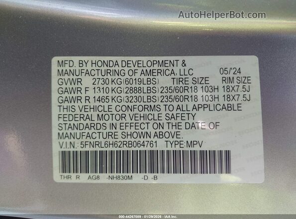 5FNRL6H62RB064761 2024 HONDA ODYSSEY Silver Շարժիչի բաժամունքի տեսք