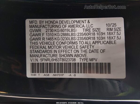 5FNRL6H63TB023708 2026 HONDA ODYSSEY Black Engine compartment view