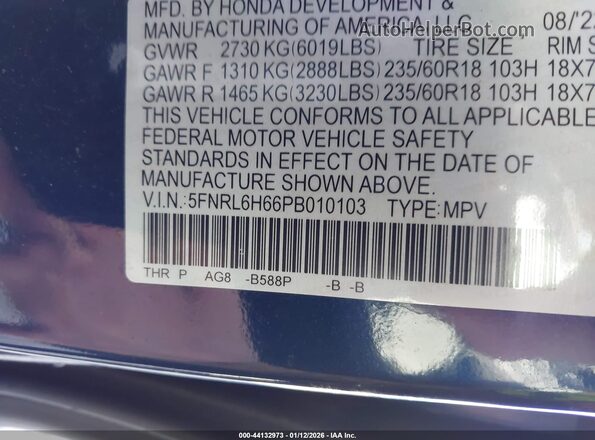 5FNRL6H66PB010103 2023 HONDA ODYSSEY Blue Widok komory silnika