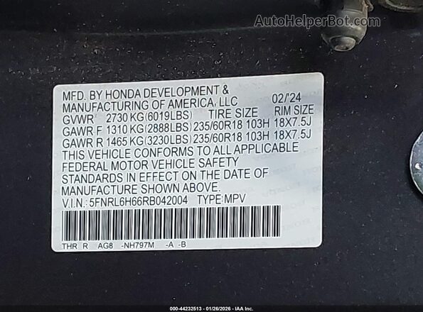 5FNRL6H66RB042004 2024 HONDA ODYSSEY Blue Շարժիչի բաժամունքի տեսք