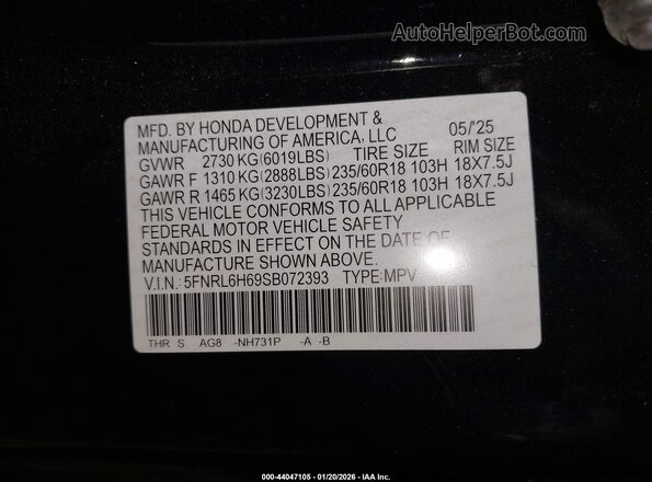 5FNRL6H69SB072393 2025 HONDA ODYSSEY Black Вид підкапотного простору