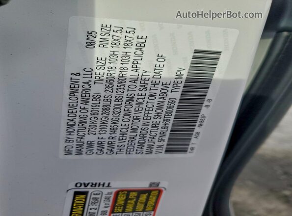 5FNRL6H69TB006590 2026 HONDA ODYSSEY White VIN կոդի պիտակի տեսք