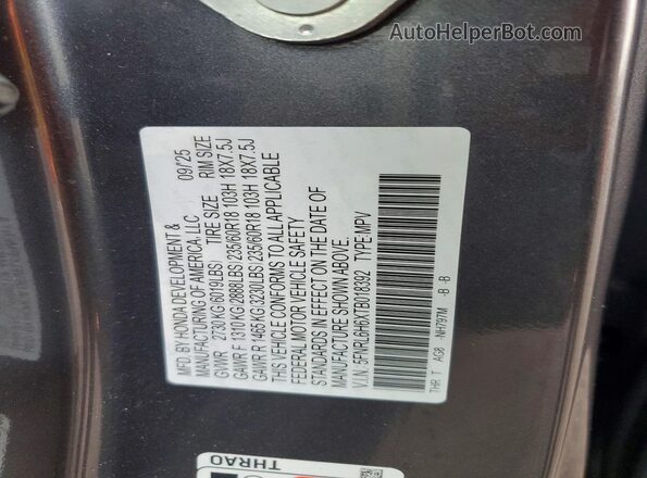 5FNRL6H6XTB018392 2026 HONDA ODYSSEY Gray Widok naklejki z numerem VIN