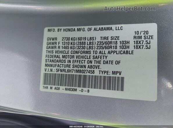 5FNRL6H71MB027458 2021 HONDA ODYSSEY Silver Engine compartment view