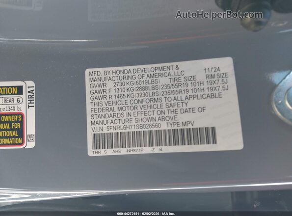 5FNRL6H71SB028560 2025 HONDA ODYSSEY Gray 