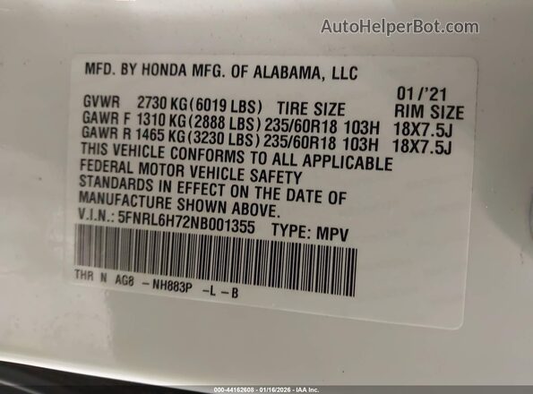5FNRL6H72NB001355 2022 HONDA ODYSSEY White Շարժիչի բաժամունքի տեսք