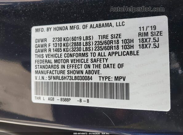 5FNRL6H73LB030084 2020 HONDA ODYSSEY Blue 