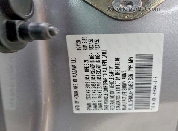 5FNRL6H73MB018356 2021 HONDA ODYSSEY Серебряный 