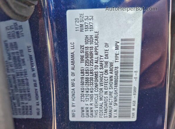 5FNRL6H74MB034078 2021 HONDA ODYSSEY Blue VIN კოდის სტიკერის ხედი