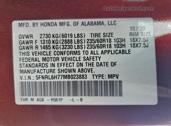 5FNRL6H77MB023883 2021 HONDA ODYSSEY Burgundy VIN կոդի պիտակի տեսք