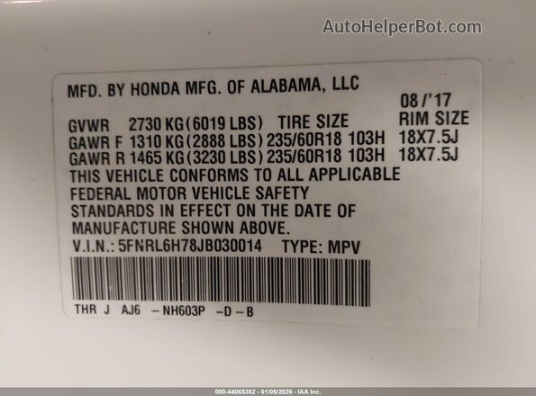 5FNRL6H78JB030014 2018 HONDA ODYSSEY White 