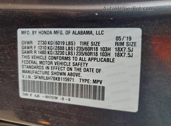 5FNRL6H78KB115971 2019 HONDA ODYSSEY Gray Widok naklejki z numerem VIN