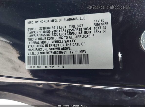 5FNRL6H78MB030261 2021 HONDA ODYSSEY Black Vista del compartimento del motor