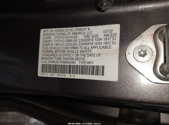 5FNRL6H78NB062483 2022 HONDA ODYSSEY Gray 