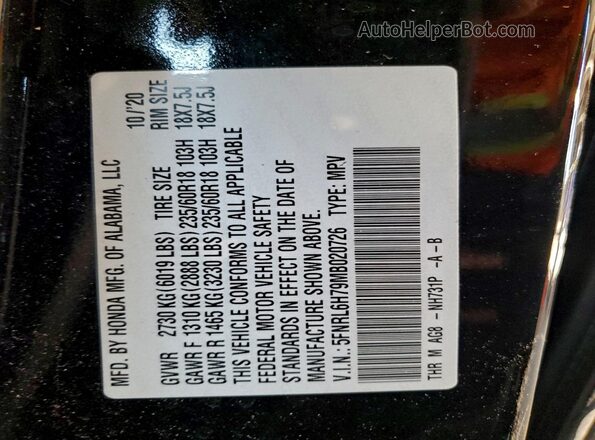 5FNRL6H79MB020726 2021 HONDA ODYSSEY Black Vista de la etiqueta del VIN