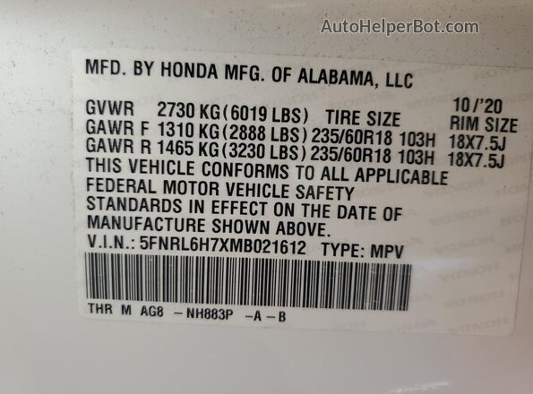 5FNRL6H7XMB021612 2021 HONDA ODYSSEY White VIN კოდის სტიკერის ხედი