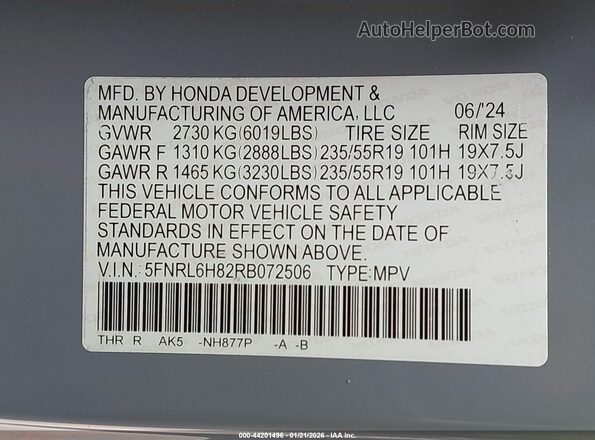 5FNRL6H82RB072506 2024 HONDA ODYSSEY Gray Vista del compartimento del motor