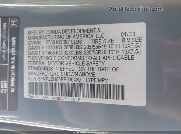 5FNRL6H86PB036430 2023 HONDA ODYSSEY Gray Widok komory silnika