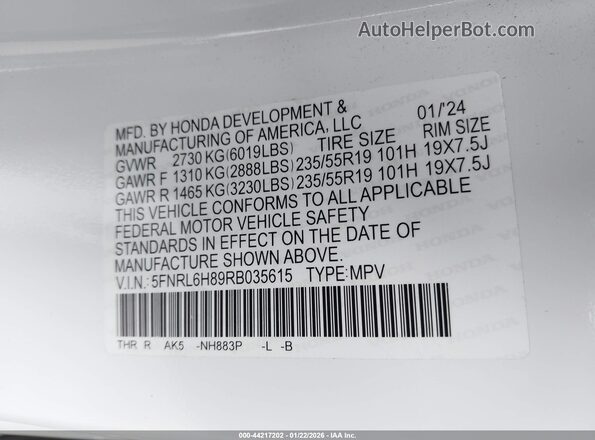 5FNRL6H89RB035615 2024 HONDA ODYSSEY White Vista del compartimento del motor