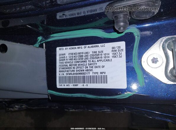 5FNRL6H8XMB002177 2021 HONDA ODYSSEY Blue Vista del compartimento del motor