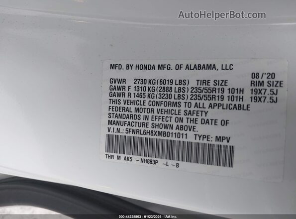 5FNRL6H8XMB011011 2021 HONDA ODYSSEY White Vista del compartimento del motor