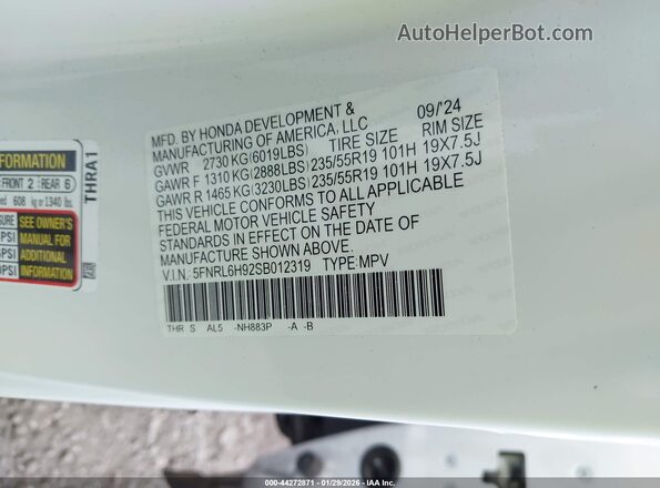 5FNRL6H92SB012319 2025 HONDA ODYSSEY White Շարժիչի բաժամունքի տեսք