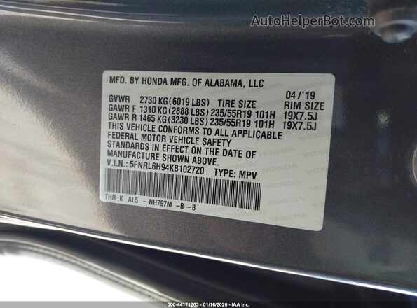 5FNRL6H94KB102720 2019 HONDA ODYSSEY Серый Вид подкапотного пространства