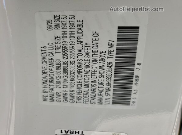 5FNRL6H95SB085426 2025 HONDA ODYSSEY White Widok naklejki z numerem VIN