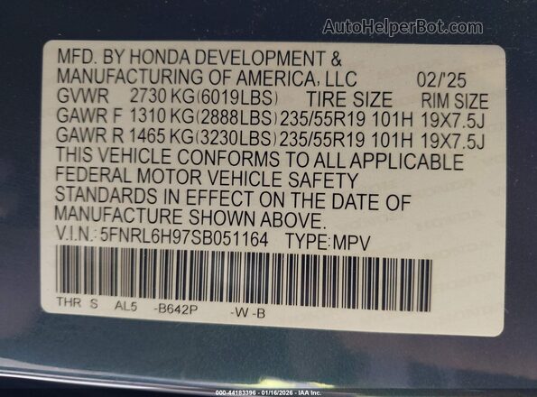 5FNRL6H97SB051164 2025 HONDA ODYSSEY Blue Engine compartment view