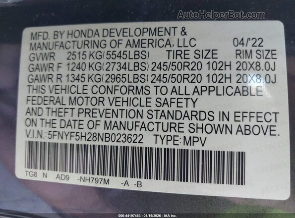 5FNYF5H28NB023622 2022 HONDA PILOT Серый Вид подкапотного пространства