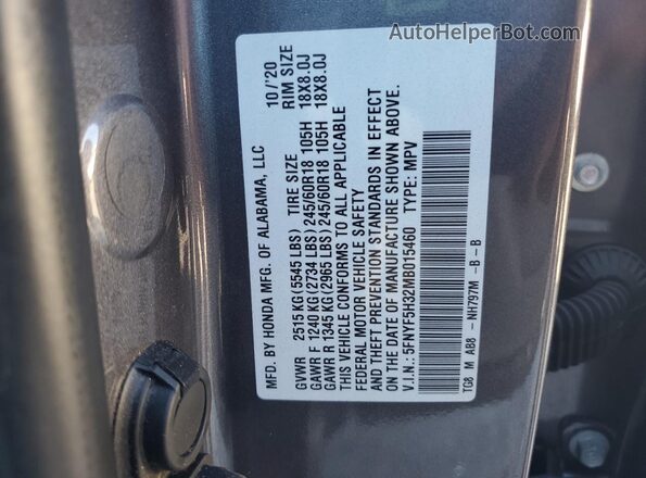 5FNYF5H32MB015460 2021 HONDA PILOT Gray 
