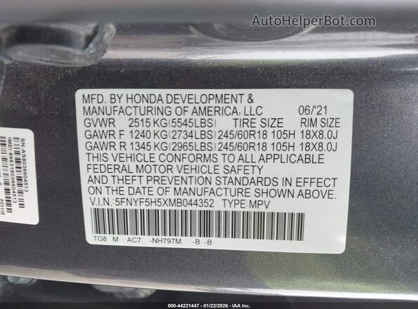 5FNYF5H5XMB044352 2021 HONDA PILOT Gray 