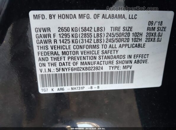 5FNYF6H02KB023924 2019 HONDA PILOT Black Engine compartment view