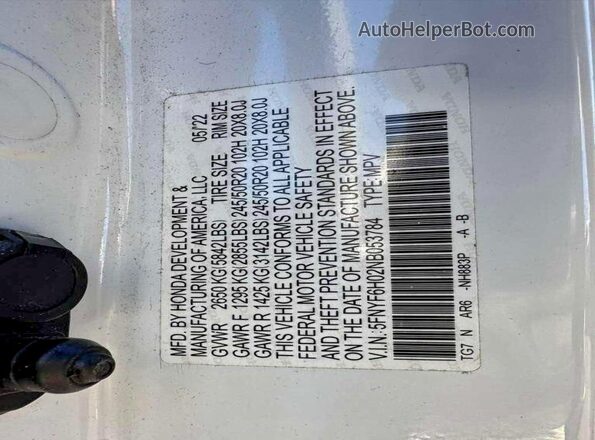 5FNYF6H02NB053784 2022 HONDA PILOT White 