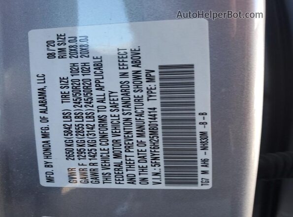 5FNYF6H25MB014414 2021 HONDA PILOT Silver 