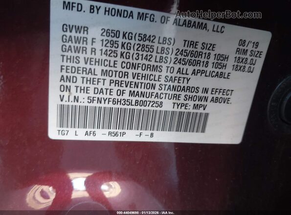 5FNYF6H35LB007258 2020 HONDA PILOT Burgundy Widok komory silnika